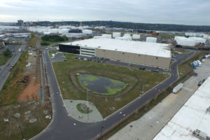 Aerial view of the completed industrial warehouse at Bayonne Crossings