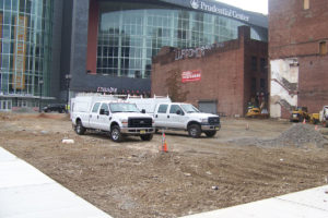 Two Petillo pick-up trucks on-site working at the Prudential Center project.