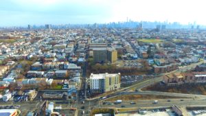 Aerial photo of the Fairfield Inn looking towards Manhattan.